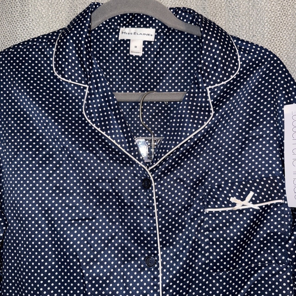 Miss Elaine Satin Pajama Set Women's Medium Navy Dot Long Sleeve Button Up NWT